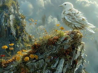 Canvas Print - White Bird on a Mountaintop: A Serene Landscape