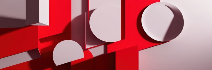 Geometric abstract composition, vibrant red tones, minimalist design, circular shapes, rectangular elements, shadowy depth, clean lines, 3D render, graphic design inspiration, bold monochromatic palet