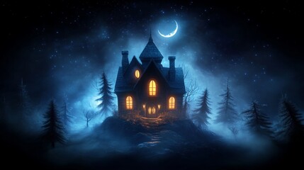 Wall Mural - enigmatic haunted house under a moonlit sky