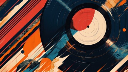 A colorful abstract painting of a record with a black circle in the middle