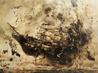 A ship is in the middle of a storm, with smoke and debris flying everywhere