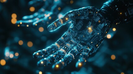 Poster - Holographic AI robot with glowing hands, symbolizing advanced technology, communication, and the future of AI interaction.