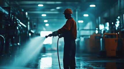 Poster - Industrial worker wielding a high-pressure sprayer, powerfully washing away dirt from factory floors.