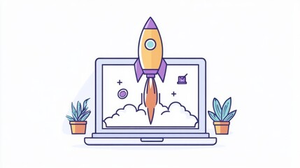 Poster - Laptop with a rocket launching from its screen, symbolizing the rise of digital technology and future success.