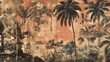 © 69 - Retro jungle landscape wallpaper with faded botanical designs, offering a classic yet lush vintage aesthetic.