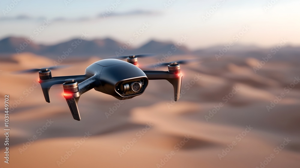 Ilustración de Stock A state of the art drone soars high above a vast ...