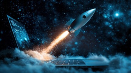 Rocket soaring out of a laptop screen, representing online growth, innovation, and technology-driven success