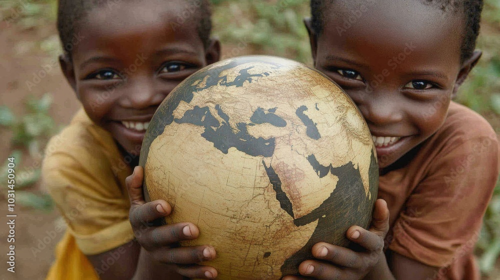 Smiling African children holding a globe, symbolizing unity, global ...