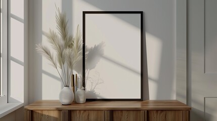 Wall Mural - Wooden mockup frame blank white on tabletop, leaning on white wall , houseplant with sun light