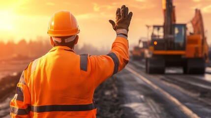 High-res photo of road construction engineer in work attire, waving confidently, with blurry background of machinery on rural road.