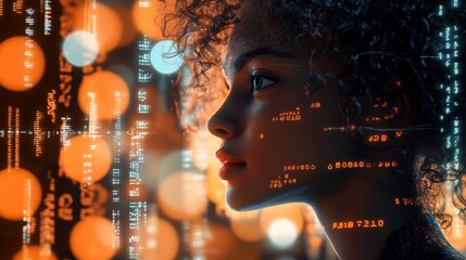 Close-up portrait of young woman with curly hair looking thoughtfully, surrounded by binary code and orange circles for futuristic vibe.