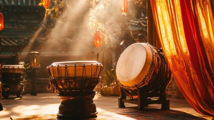 Colorful Traditional Asian Drums on Stage