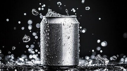 Dynamic black and white photo of soda can surrounded by water droplets, creating a sense of energy and movement.