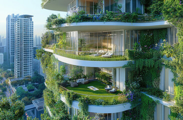 A futuristic cityscape with buildings adorned in vertical gardens, creating an eco-friendly urban environment