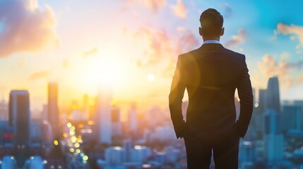 A senior executive in a suit stands at the edge of a city skyline, looking contemplative as they prepare to leave their office. Thinking, Transition, Success, Ambition, Opportunity, Challenge