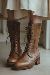 A close-up view of a pair of elegant brown leather lace-up ankle boots with a modest block heel, worn by a person standing on a smooth beige floor.