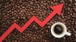 © Tanakorn - red arrow chart graph symbolizes growth and success, surrounded by coffee beans and cup of coffee, representing coffee industry and its upward trend
