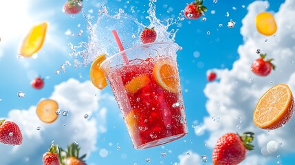 A glass of refreshing iced tea with strawberries and oranges flying through the air with splashes of water against a blue sky.