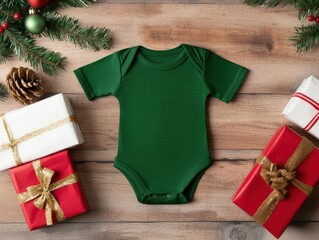 Green baby bodysuit with holiday gifts on wooden surface.