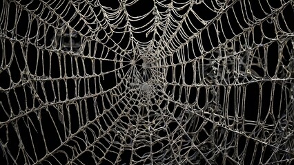Abstract digital illustration featuring a pattern of intricate spider webs against a textured black background