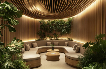 The interior design of an office waiting room features a modern and elegant style with wood elements.