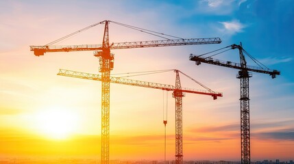 Sunset Silhouette of Construction Cranes in Aerial View