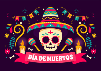 Dia de Los Muertos Translation Day of the Dead, featuring Illustration a Skeleton Playing Music Sombrero and Wearing Traditional Mexican Costumes