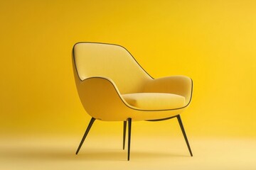 Wall Mural - Yellow chair with black legs and frame against a white wall. Bright, minimalist setup in a spacious room with a modern vibe, inviting relaxation and contemplation.