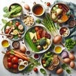 © Ayahe Stock - A colorful set of vegetables and food arranged on a table, showcasing a healthy and delicious meal with fresh ingredients for a gourmet dinner