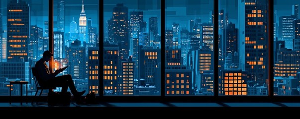 Individuals in Silhouetted Windows Engage in Silent Battles Against Insomnia and Stress amidst the Nighttime Cityscape's Eerie Glow