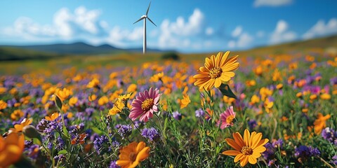 A field of wildflowers blooms beneath a bright blue sky and a windmill on a sunny day