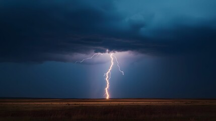 a dramatic lightning bolt strikes the ground beneath dark, stormy clouds, capturing the raw energy o