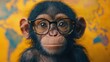 © Рудой Максим - A young monkey wearing glasses poses for a close-up on a vibrant world map background in a playful setting