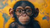 A young monkey wearing glasses poses for a close-up on a vibrant world map background in a playful setting