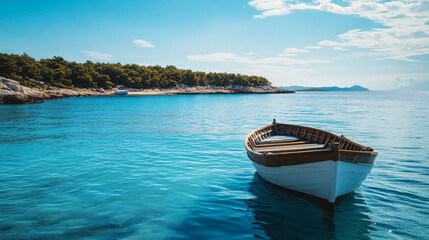 Wall Mural - calm blue water with small wooden boat in tranquil cove on sunny day