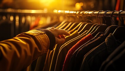 a hand reaching for clothes on a rack during golden hour, showcasing the beauty of fashion and choic