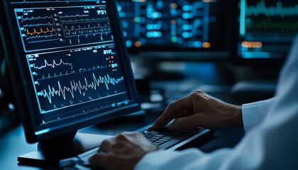 A healthcare professional analyzes medical data on a high-tech computer screen in a modern medical facility.