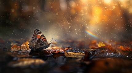 Wall Mural - Butterfly on Autumn Leaves with Rain Effect