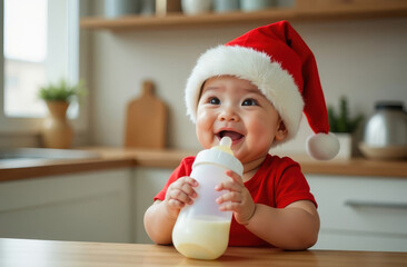 Happy baby wearing a Santa hat enjoys a bottle of milk in a 
 kitchen background during the holiday season.