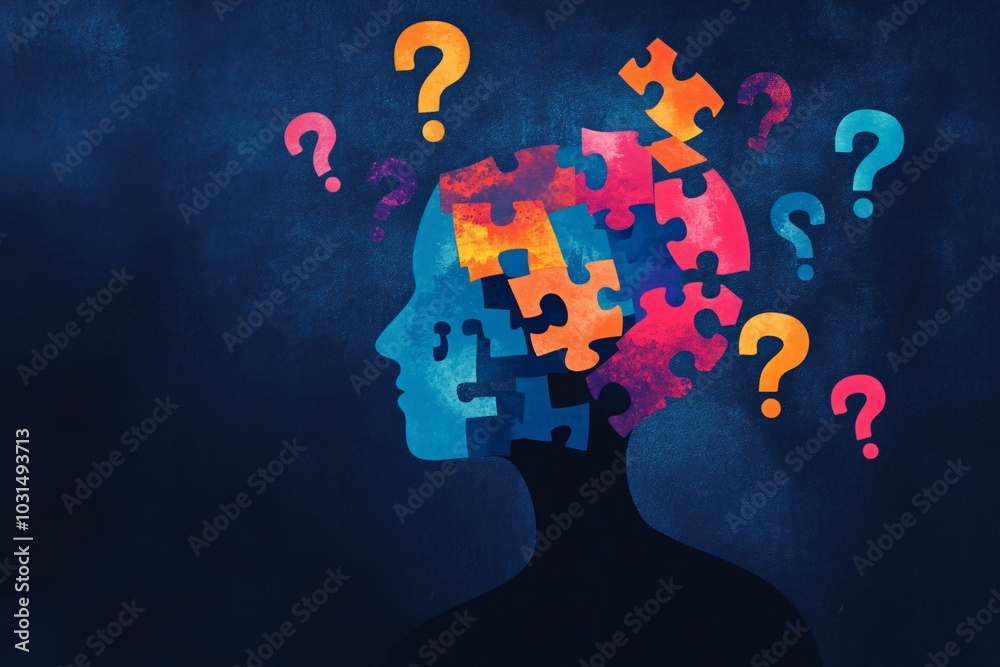 Human Head Silhouette Filled with Colorful Puzzle Pieces Surrounded by ...