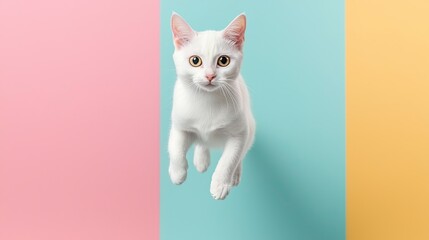 A playful white cat leaps against a vibrant, colorful background of pastel pink, blue, and yellow, showcasing its energetic personality.