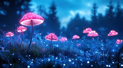 A field of gigantic, luminous mushrooms, emitting a gentle glow, creates a surreal image of a bioluminescent environment on a distant planet.