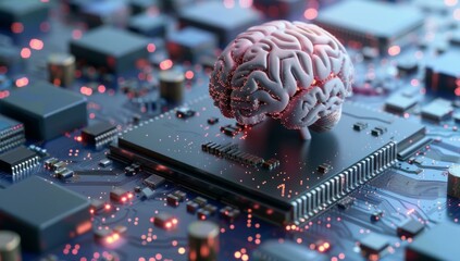 Poster - A computer chip with a brain on top of it. AI.