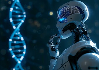 Poster - A robot with a brain in its hand and DNA strand behind it. AI.