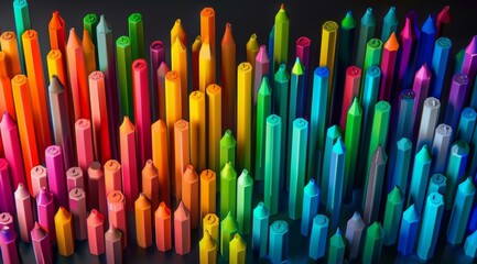 Poster - A large group of crayons are arranged in a row. AI.