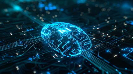 Poster - A futuristic image of a brain on top of an electronic circuit. AI.