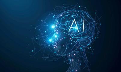 Poster - A human head with a glowing brain and wires connecting it. AI.