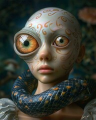 A doll with a snake wrapped around its neck and eyes. AI.