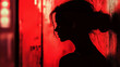 © Mary Salen - Noir abstract red light district sexy street scene with woman female silhouette profile closeup pedestrians and urban city night street danger artsy defocused grunge background with copy space
