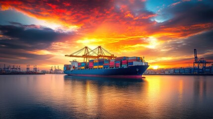 Cargo Ship at Sunset with Golden Sky and Container Cranes